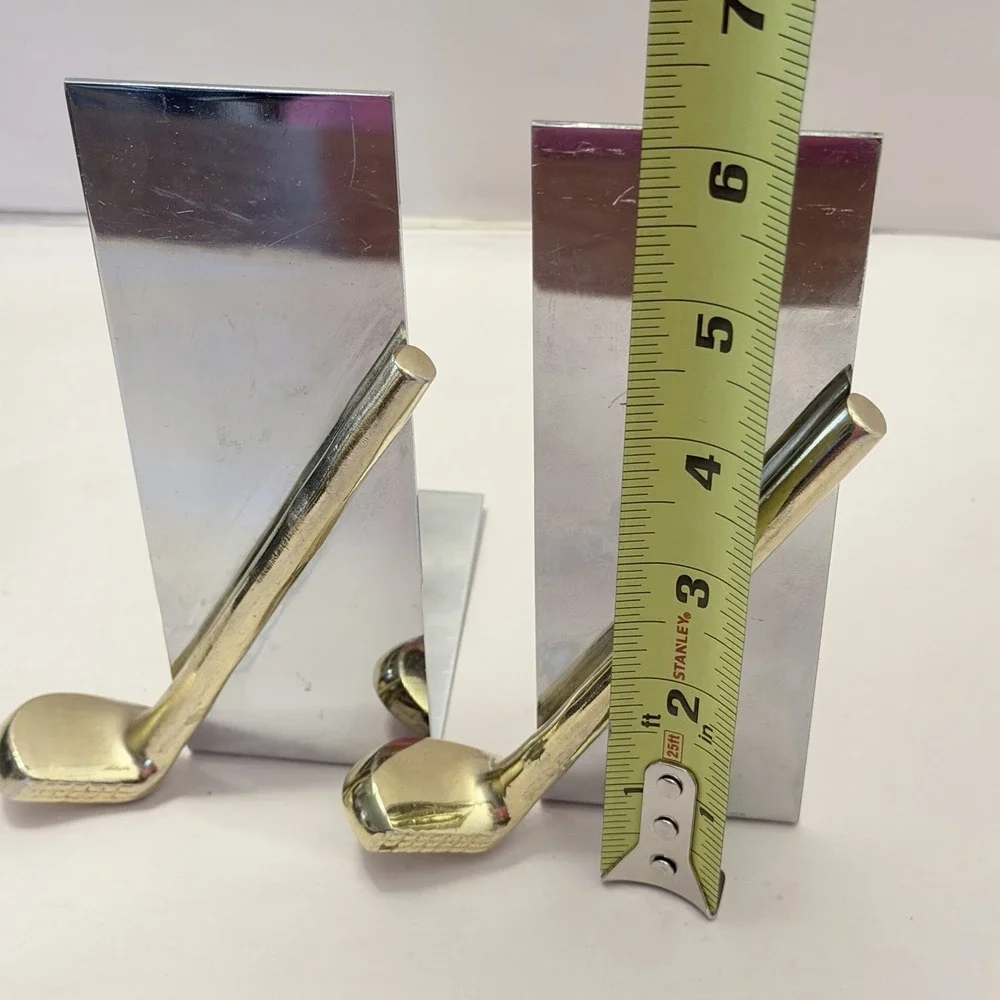 VTG MCM Chrome Golf Club Bookends Office Decor Silver Gold Metal Pair Retro Mod